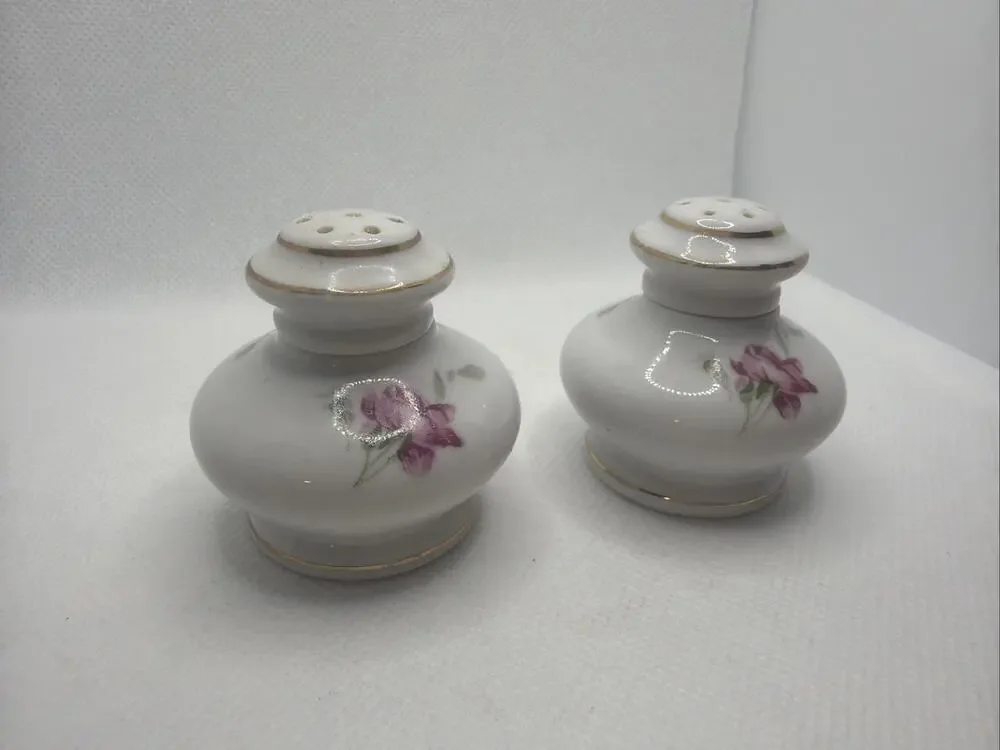 Vintage White Jar Rose Painted Salt and Pepper Shakers Porcelain